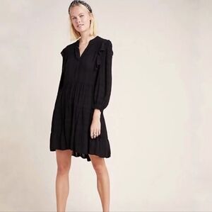 Anthropologie Amadi Rossi Ruffled Black Boho Tunic Dress Pockets Sz S LBD
